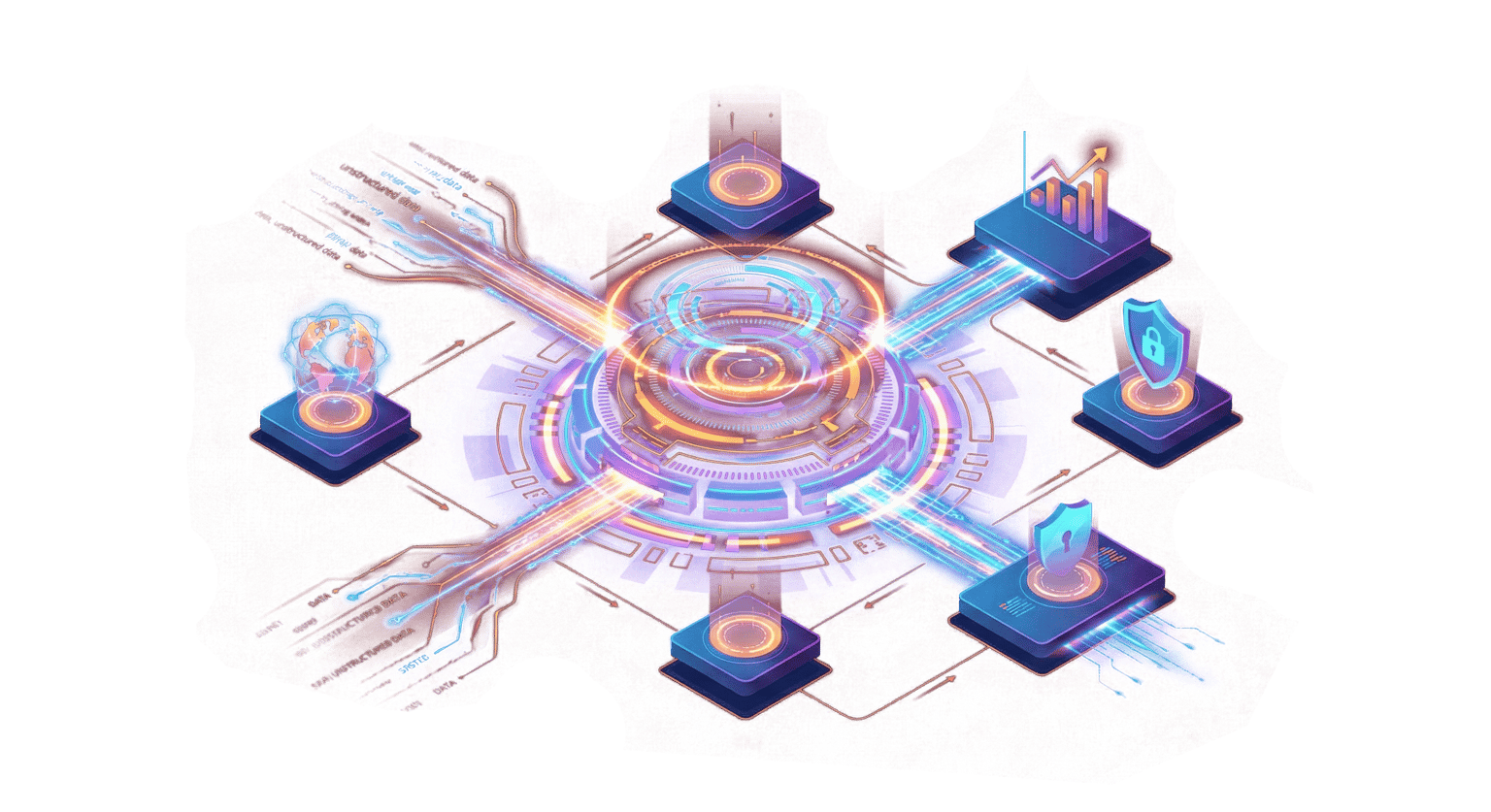 Ilustración de servidor y engranajes digitales representando tecnología de alto rendimiento